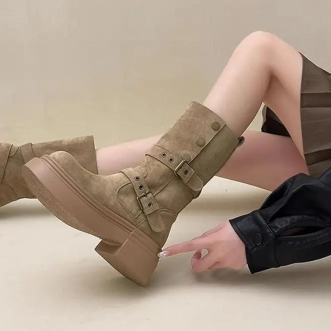 Fashion Women's Long Boots Fashion Platform Height Increasing Outdoor Knight Boots Spring Autumn New Retro Belt Buckle Women Shoes