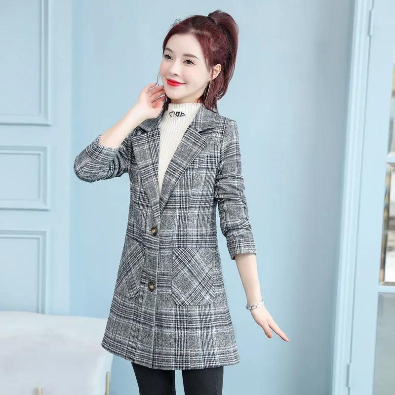Элегантное шерстяное пальто в сетку, женское тонкое пальто средней длины, осенне-зимние куртки, однобортный шерстяной пиджак, верхняя одежда 5XL