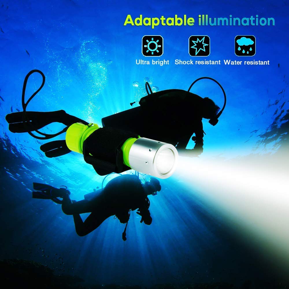 1800 Lumens Professional Diving LED Flashlight with T6 LED Underwater Handheld Scuba Safety Diver Lamp Not Ultra-Bright Chip, 3AAA/18650 Compatible,