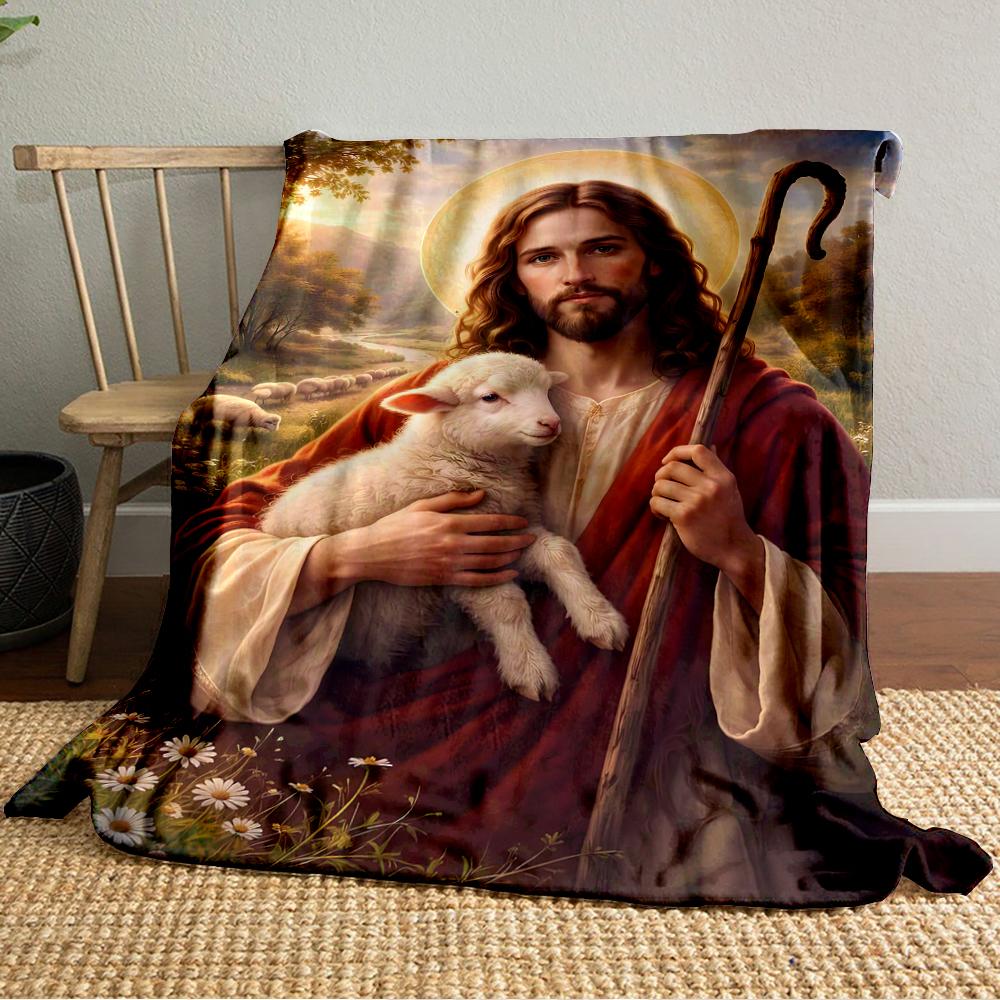 "Shepherd Holding Lamb Pastoral Scene"Flannel blanket for bedroom, living room, sofa, and nap