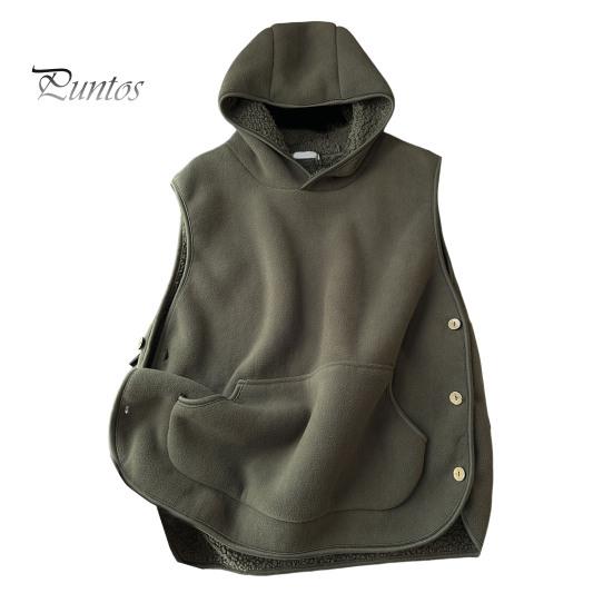 Women Fall Winter Vest with Hooded Side Button Closure Fleece Thermal Isolation Solid Color with Front Pocket Casual Daily Hoodie Top