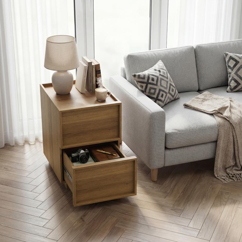 Mid-Century Modern Nightstand made of Oak, 38 x 48x 50 cm, Bedroom Nightstand, Handleless Drawer Design, 1 Piece.