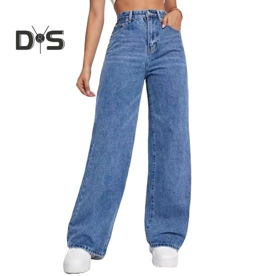 Женские джинсовые брюки с высокой талией, эластичные широкие джинсы с карманами, повседневные прямые джинсовые брюки на лето и осень