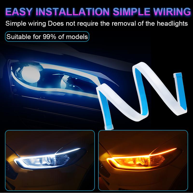 2PCS 12V Led Guide Headlight Strips Car Daytime Running Light 45cm Flow Turn Signal Strip DRL Ambient Light White Yellow