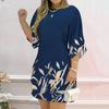 Женское весенне-летнее платье трапециевидной формы с круглым вырезом, свободное по цвету, с принтом листьев, с половиной рукавом, мягкое повседневное мини-платье длиной выше колена