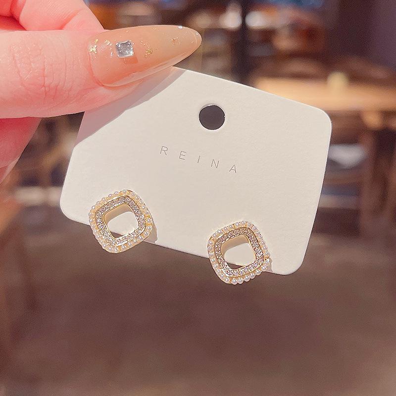 Серьги из серебра 925 пробы с геометрическими бриллиантами и жемчугом - Модные, простые серьги для женщин