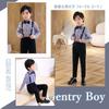 QOOLY Formal Suit Set Sleeve Bow Long and Perfect for Kindergarten Entrance and Size 130cm Boys' 4-Piece (Long Shirt, Tie, Pants, Suspenders) -