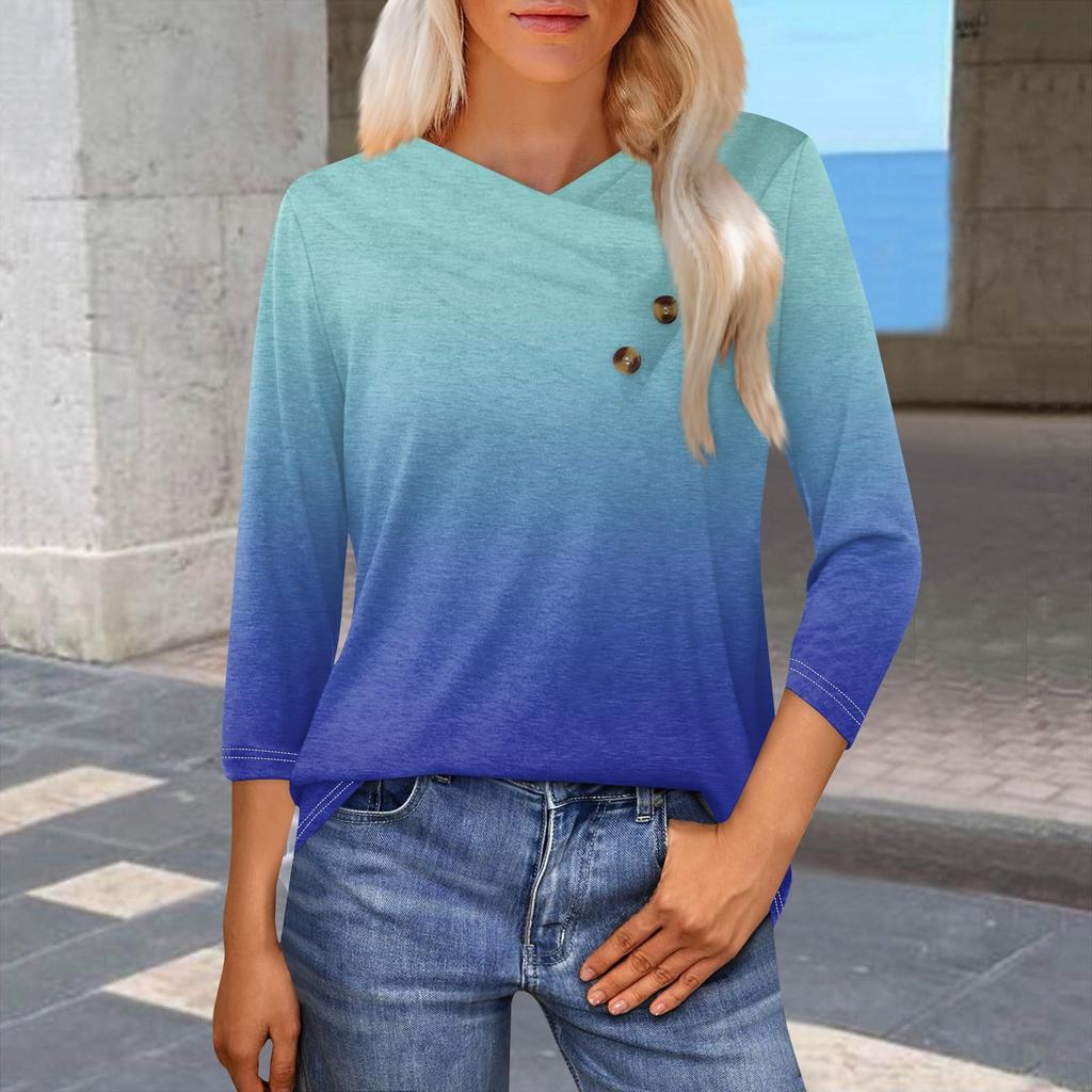 Женская модная повседневная футболка с принтом в виде градиента, рукавами-семиточками, V-образным вырезом и застежкой на пуговицы