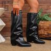 Wrinkled High-heeled Fashion Boots, Autumn New Style Thick Heel Plus Size British Style High Leg Pants Boots for Women