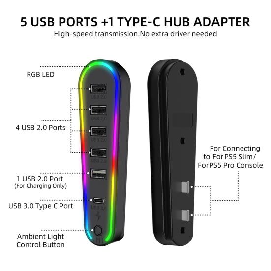 6-портовый USB-концентратор с RGB-подсветкой, подключение и использование без установки драйверов, удобная передача данных, пользовательский интерфейс. USB-концентратор расширения для PS 5 Pro/PS5 Slim.