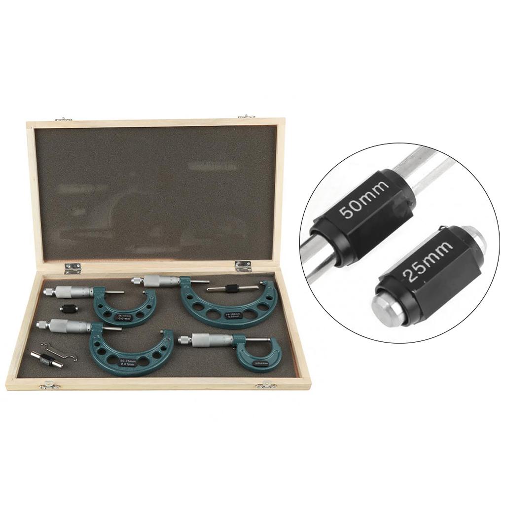 4pcs 0‑100mm Metric Outside Micrometers Thickness Gauge Measuring Calipers with Case