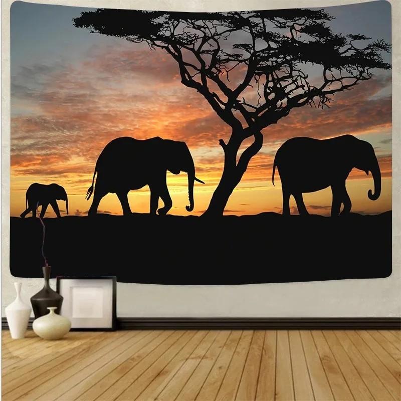 VIKAMA African Animal Silhouette Tapestry High Contrast Sunset Gradient Mural Acacia Tree Elements Living Room BB