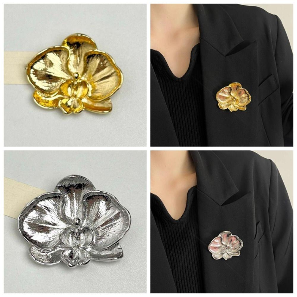 Vintage Butterfly Orchid Pin French Style Metal Glossy Brooch Orchid Flower Brooch Gift