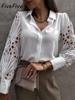 White Sexy Lace Hollow Out Women Blouse Autumn Spring Black Top Vintage Button Up Shirts Long Sleeve Mesh Design Tops