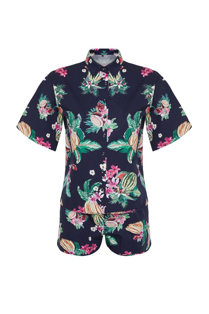 Women's Style Bottom-Top Set Clothes Tropical Patterned Woven Shirt Shorts Set