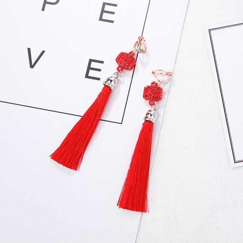 Серьги-клипсы в древнем стиле ханьфу с красными кисточками и узлом для непроколотых ушей — свадебный китайский ретро-дизайн