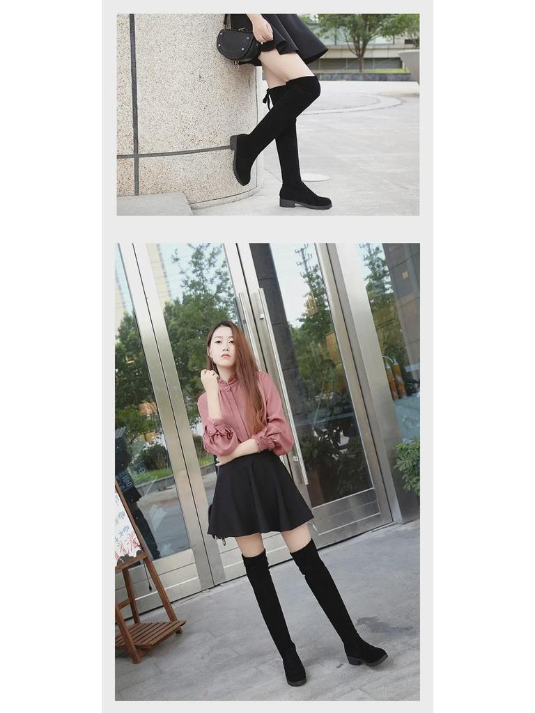 Замшевые женские сапоги выше колена со средним каблуком и хлопковой подкладкой - размер 41