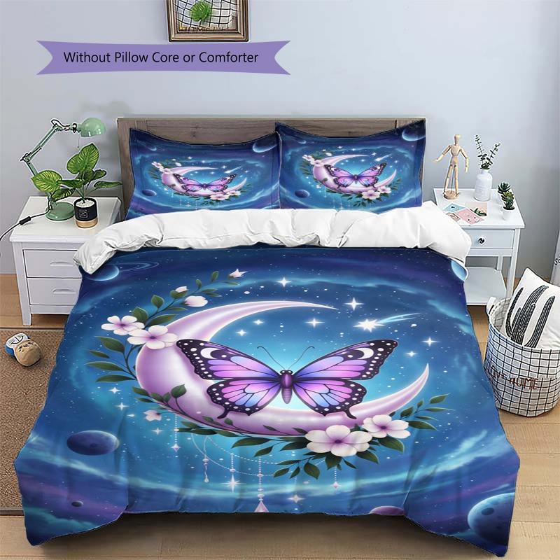 Purple Butterfly Moon Floral Galaxy Starry Sky Print 3‑Pieces Duvet Cover Set Fantasy Bedding Without Pillow Core or Comforter