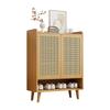 Shoe cabinet made of natural rattan with 2 doors and 5 shelves, for the hallway. With wooden handles and solid wood legs. Dimensions: W80/H105/D35 cm