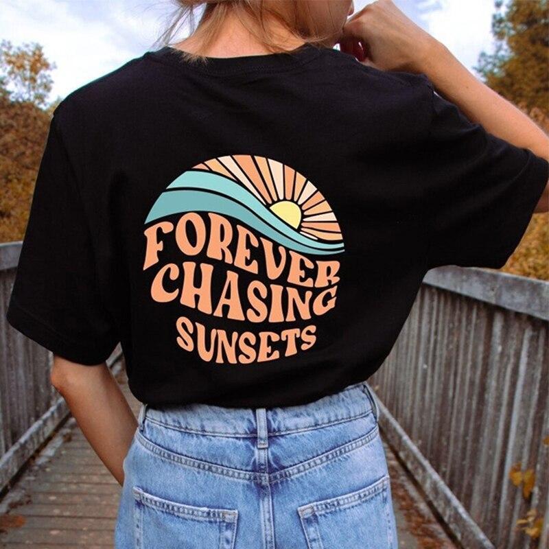 Женские хлопковые футболки с короткими рукавами и принтом Forever Chasing Sunset в стиле хип-хоп, модная женская футболка с круглым вырезом, одежда