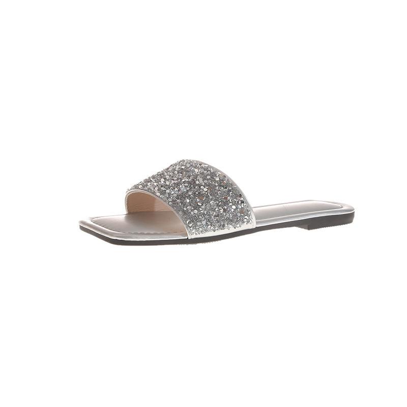 Модные женские сандалии 2024 года, лето, новый стиль, темперамент, блестки, одна линия, плоская подошва, пляжные универсальные тапочки, большой размер