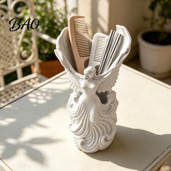 Office Supplies Storage Organizer 3D Printed Angel Wings Vase & Pen Holder, Sculpture Winged Holder Desktop Decor, Multi?Functional Dry Flower Vase,