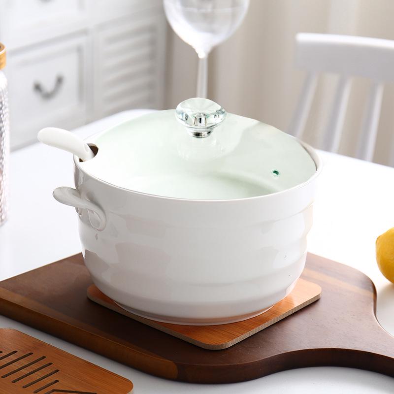 Керамический набор суповых тарелок с двумя ручками и крышкой - Безопасно для микроволновой печи, Включает большую ложку и супницу, Чисто-белый, Креативный дизайн (8 мисок)