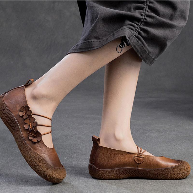 Johnature Туфли на плоской подошве из натуральной кожи с маленьким цветком в стиле ретро. Удобная женская обувь на мягкой подошве для отдыха и отдыха.