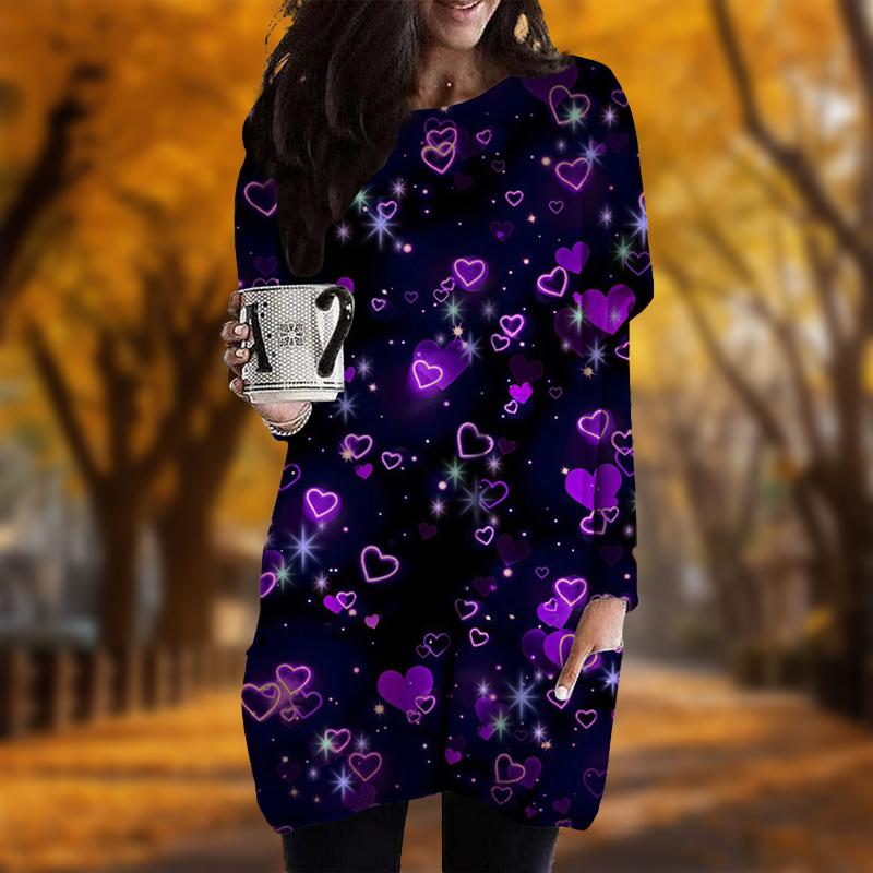 Новинка осени Неоновый принт Love Plus Size Dress Женские повседневные платья с круглым вырезом и длинными рукавами с карманами