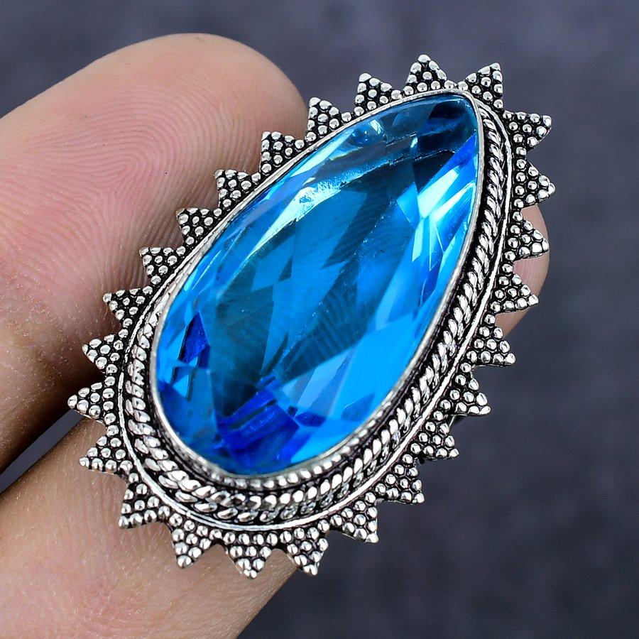 Blue Topaz Gemstone Handmade 925 Sterling Silver Jewelry Ring Size 6.5 N7S61