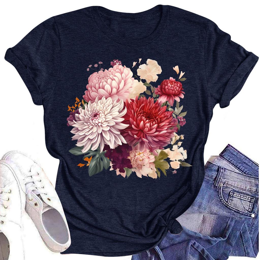 Women's Casual Round Neck Floral Print Short Sleeve T-Shirt Top