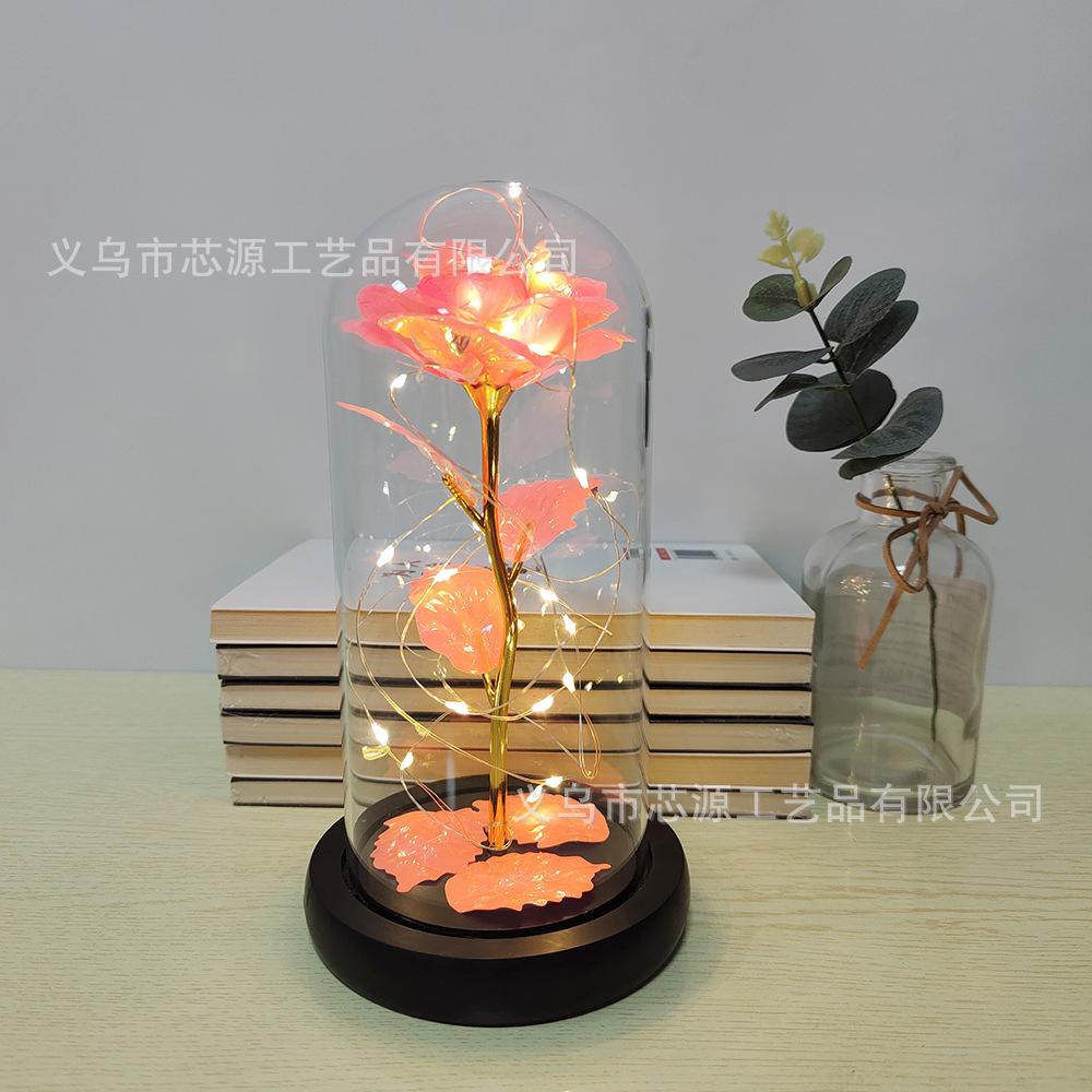 Фабричное золотое полотно Роза Цветок Стеклянный колпак Светодиодная лампа Имитация цветка Подарок на День святого Валентина Креативный подарок Украшения