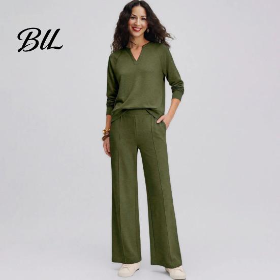 Women Sports Suits Sweatshirt Pants 2-Piece Set, V-Neck Long Sleeve Top & Wide Matching Lounge Set Leg Trousers with Elastic Waist, Solid Color