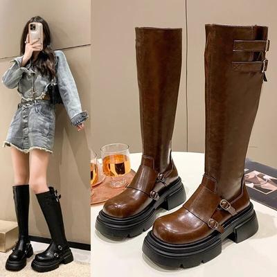 Женские ботинки до колена на платформе с шипами, весенне-зимние рыцарские армейские готические элегантные женские туфли на среднем каблуке, мотоциклетная обувь