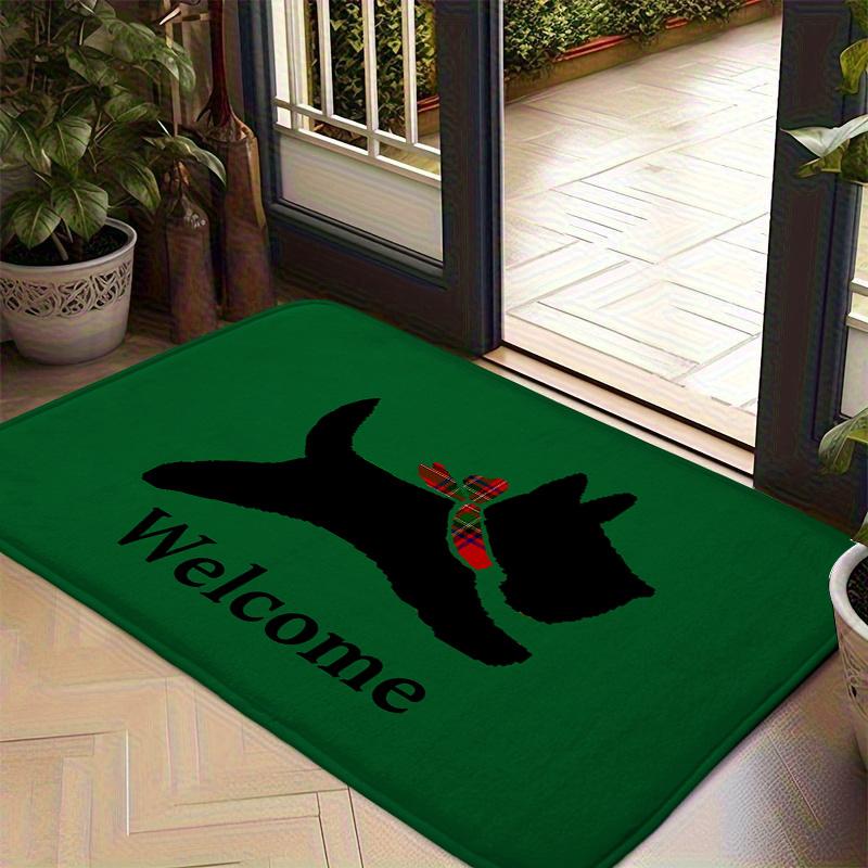 Scottish Terrier Welcome Doormat Black Scottie Dog Red Plaid Scarf Green Entrance Rug Cute Dog Welcome Floor Mat Home Decor