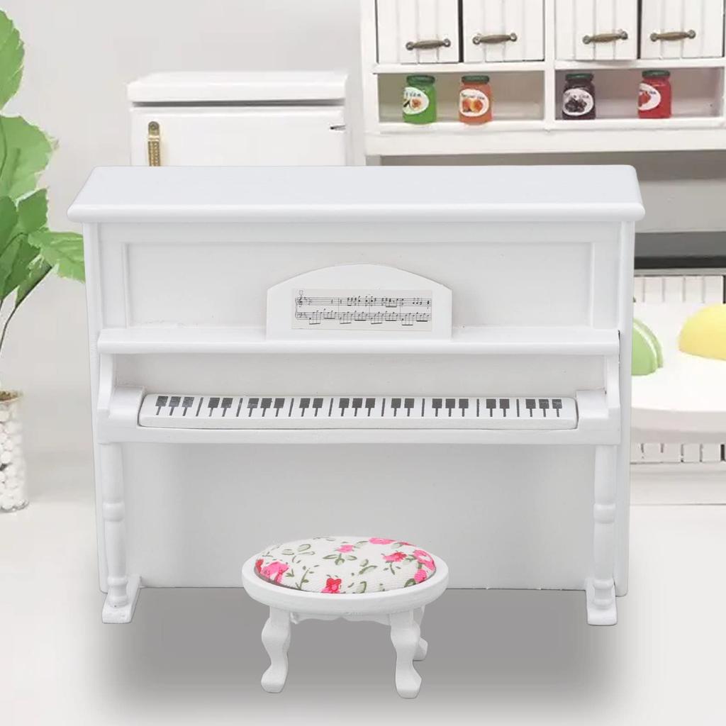 Кукольный рояль, 1:Деревянное миниатюрное пианино масштаба 12, Модель миниатюрного пианино со стулом, Музыкальная табуретка, Декоративные аксессуары, Имитация жизненной сцены, Гостиная