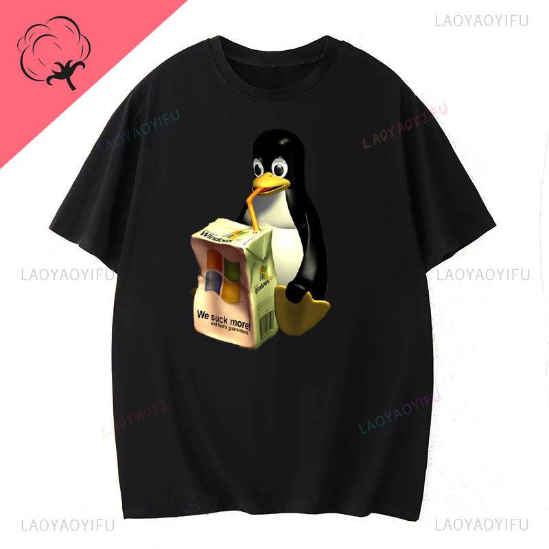 Премиальная хлопковая мужская футболка с пингвином Linux, одежда для отдыха, футболки в стиле харадзюку и манга, эстетичные футболки, винтажный юмор, уличная одежда