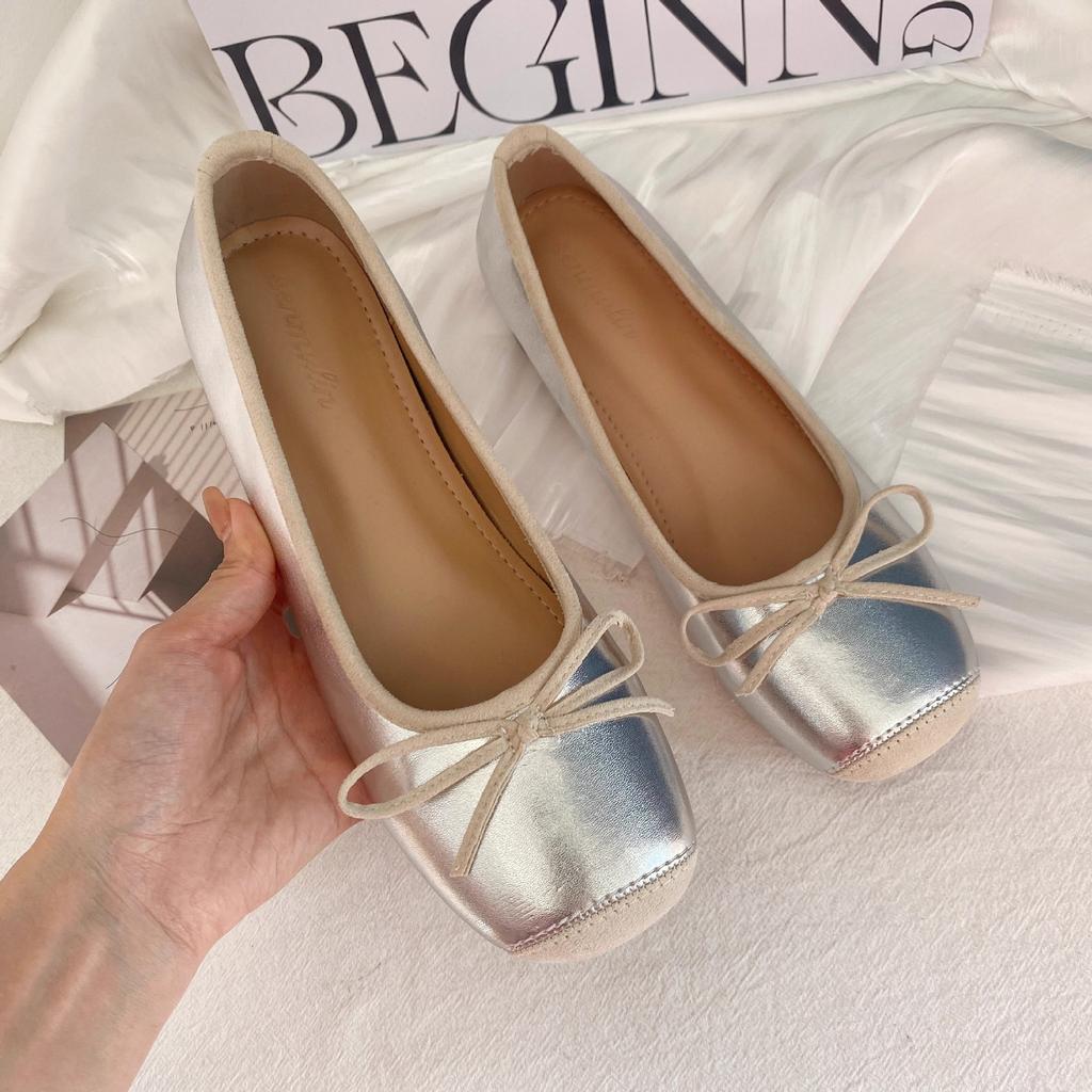 Silver Bow Mary Jane Shoes Children's 2025 New Sweet Shallow Mouth One Pedal Inner Height Increase Ballet Shoes