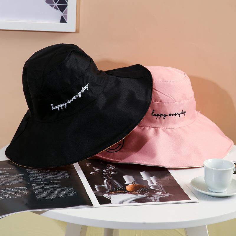 Polyester-cotton Large Brim Fisherman Hat for Women, Spring, Summer and Autumn, Sun Protection Visor, Double-sided Embroidered Smiley Basin Hat