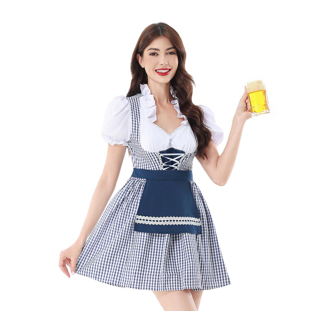 German Oktoberfest Costume Bavarian Show Costume Carnival Checked Skirt Ladies Farm Dirndl Dress