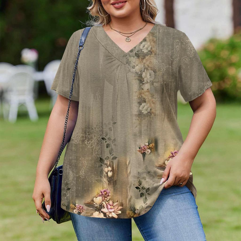 Женская модная повседневная свободная блузка большого размера с коротким рукавом, элегантная с V-образным вырезом, для работы