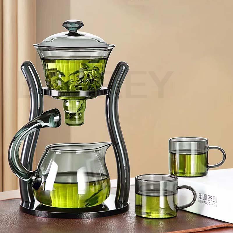 BORREY новый чайный сервиз, стеклянный автоматический ленивый чайный сервиз, магнитный вращающийся термостойкий чайник кунг-фу, хрустальный стеклянный дымчато-серый чайник