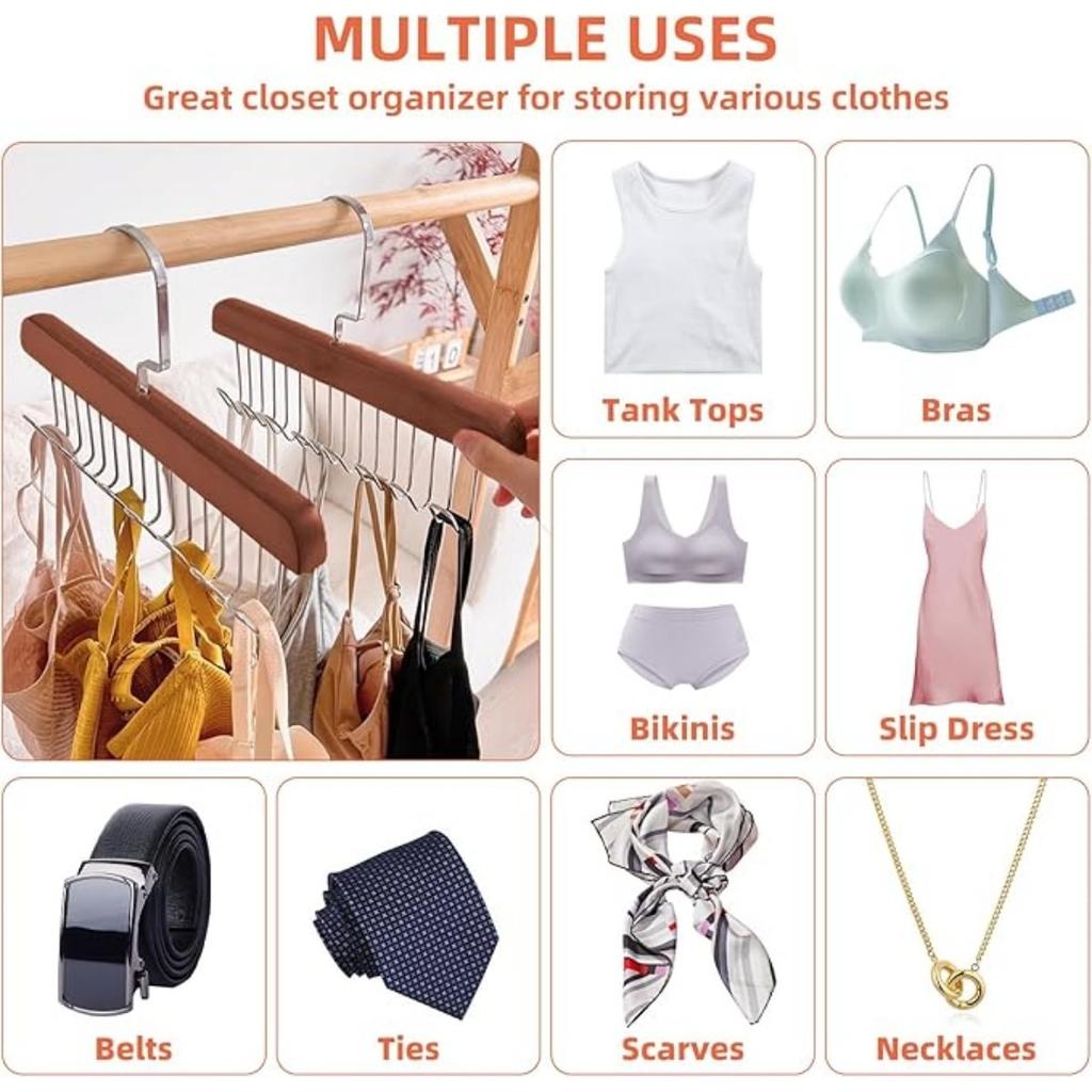 2 вешалки для бюстгальтера в шкафу, вешалка для майки, вместимость 16 крючков, деревянная вешалка для экономии места, органайзеры для шкафа и хранения майки, бюстгальтера, шарфа