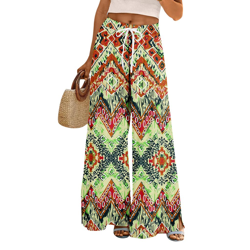 Women Summer Boho Palazzo Pants High Waist Wide Leg Rinting Casual Trousers With Pockets