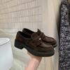 Sheepskin Version~ 5cm Height Increase Small Gold Coin Lazy Loafers Retro Thick Heel Leather Extravagant Single Shoes Small Leather Shoes Women