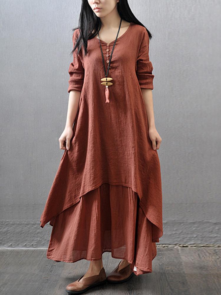 Элегантное винтажное свободное платье с V-образным вырезом из двух частей, женское модное дизайнерское однотонное платье с длинным рукавом и оборками, женская шикарная тонкая нестандартная одежда