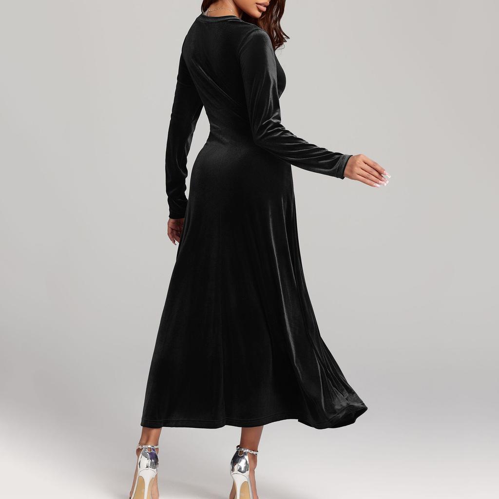 Женское модное повседневное платье А-силуэта из бархата с V-образным вырезом и элегантными длинными рукавами, однотонное