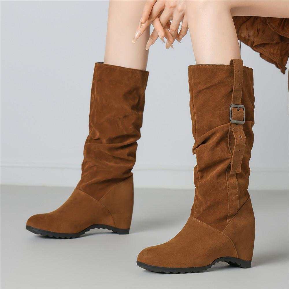 Модные женские ботинки до середины икры с внутренней платформой, женская обувь высокого качества, новые, с круглым носком, однотонные, в английском стиле, модные, повседневные, с пряжкой, плиссированные
