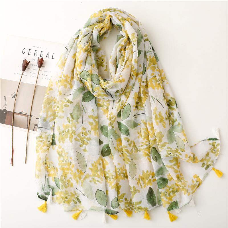 Spain Lovely Polka Floral Line Tassel Viscose Shawl Scarf Lady High Quality Wrap Thin Pashmina Stole Muslim Hijab 180*90Cm