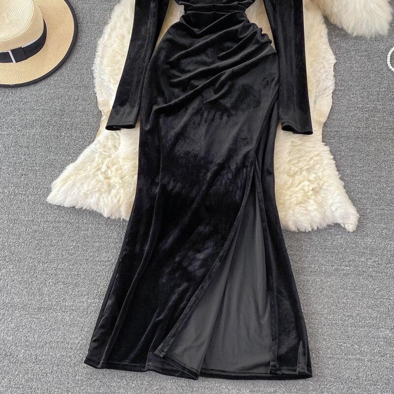 Новое осеннее вечернее платье Хепберн с разрезом на бедрах, сексуальное темпераментное бархатное платье с квадратным вырезом и бриллиантами, золотое бархатное платье